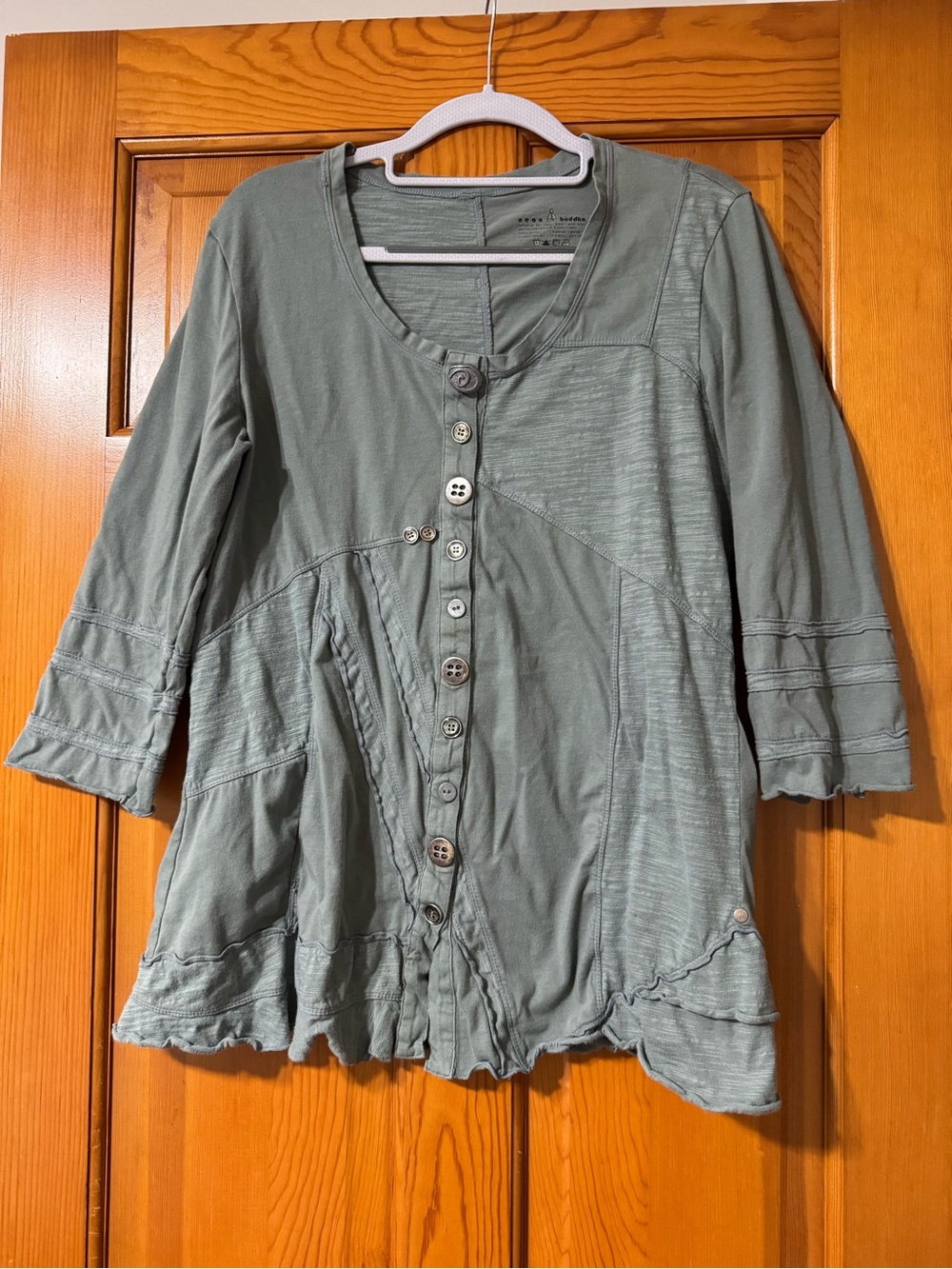Neon Buddha Olive Green Button-Front Layered Cotton Top
